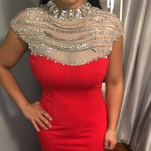 Jiovani Red & Nude Embellished Crystal Dress- Sz 6
